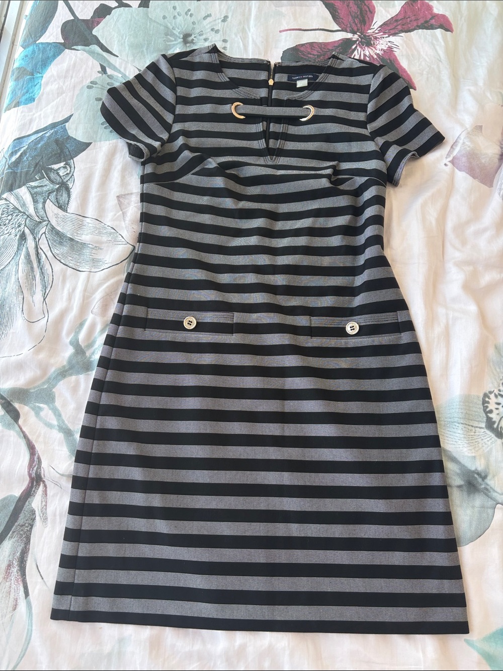 Black and Gray Striped Short-Sleeve Shift Dress with Gold Accent